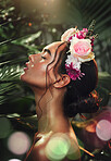 Rainforest, skincare and beauty girl with flower accessory crown for tropical cosmetic with bokeh profile. Natural, jungle and wellness model woman with roses for floral cosmetics advertising.