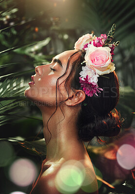 Buy stock photo Rainforest, skincare and beauty girl with flower accessory crown for tropical cosmetic with bokeh profile. Natural, jungle and wellness model woman with roses for floral cosmetics advertising.