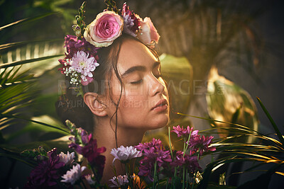 Buy stock photo Beauty, skincare and flower crown with woman in flowers for natural cosmetic treatment and plants. Skin care, organic treatment and cosmetology in nature with female model and floral wreath 