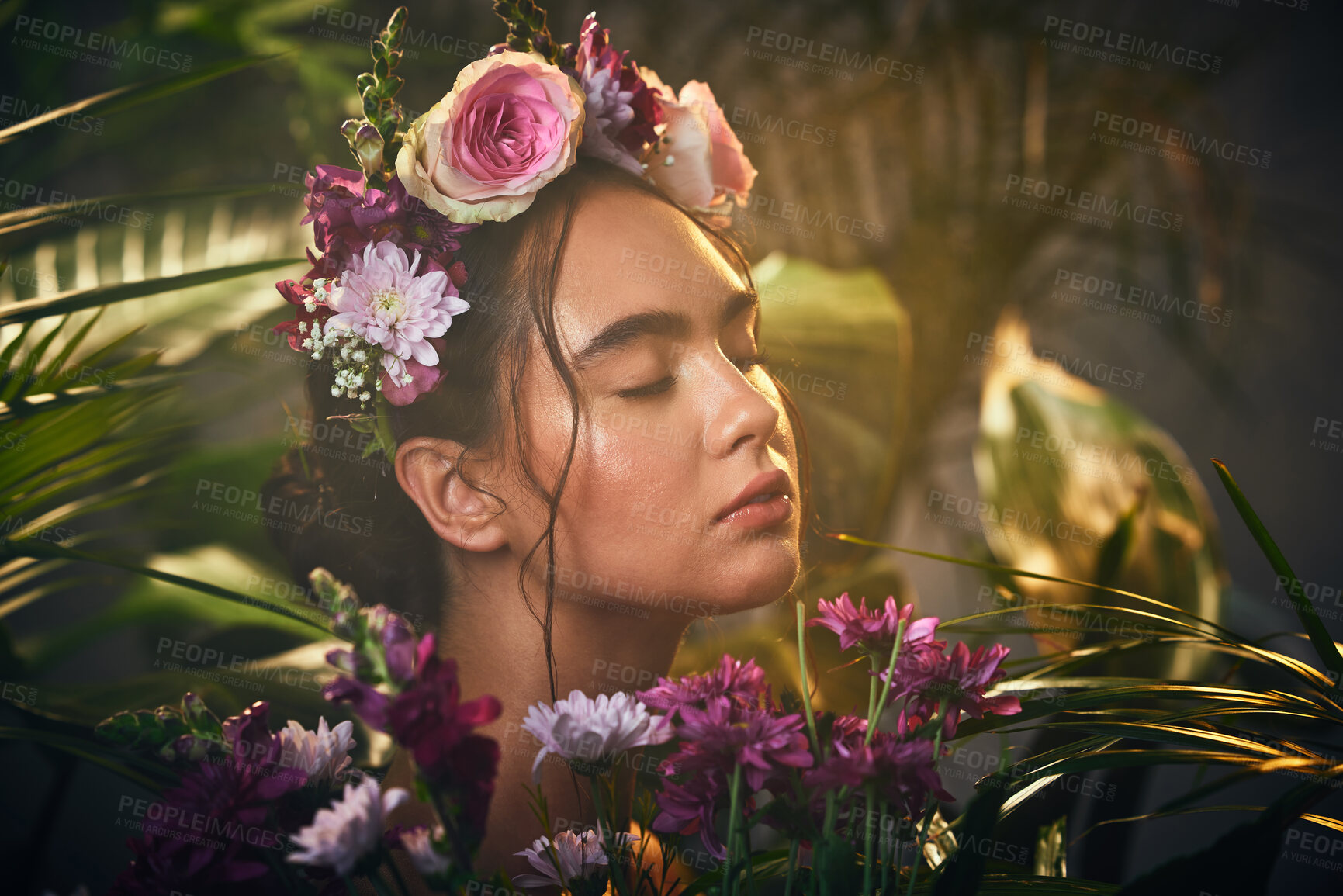 Buy stock photo Beauty, skincare and flower crown with woman in flowers for natural cosmetic treatment and plants. Skin care, organic treatment and cosmetology in nature with female model and floral wreath 