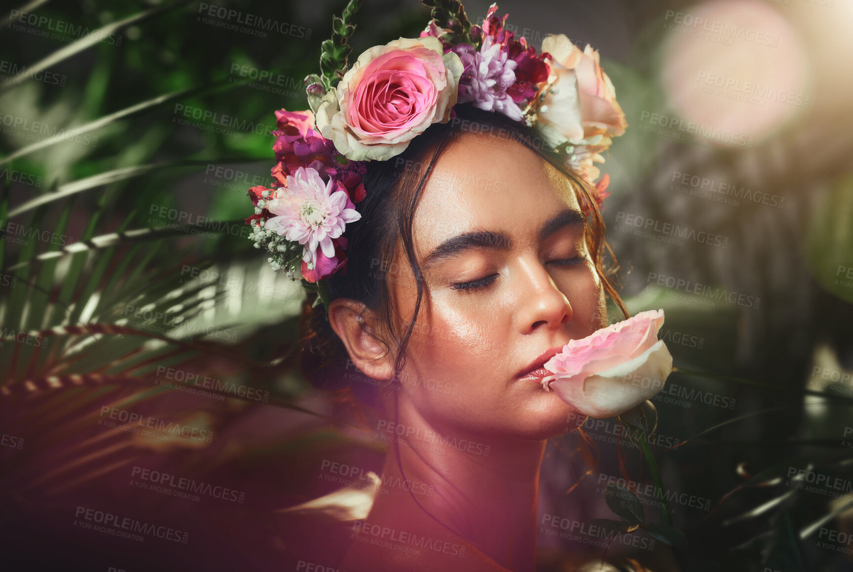 Buy stock photo Beauty, skincare and flower with natural fragrance, flower and luxury wellness from nature with green forest background. Woman model with plant advertising cosmetic skin product with a flowers plant 