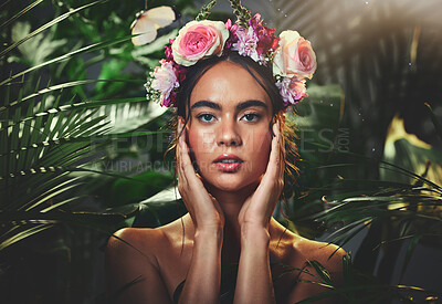 Beauty, jungle and flowers with portrait of woman for tropical or exotic skincare, makeup and cosmetics. Summer, spa and nature with model and crown of rose in forest for salon, plant and luxury