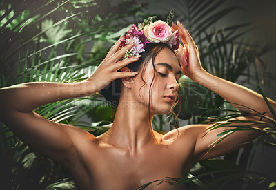 Buy stock photo Beauty, skincare and flower crown with woman in a plant jungle for health, wellness and organic bodycare. Skin care, body care and natural cosmetics treatment for healthy skin and body for model