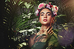 Beauty, rose and crown portrait of woman with tropical palm plants and natural makeup cosmetics. Flowers, headband and beautiful cosmetic model girl in fantasy floral garden touching skin.

