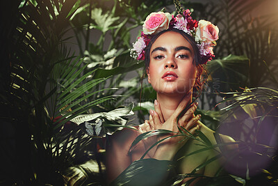 Buy stock photo Beauty, rose and crown portrait of woman with tropical palm plants and natural makeup cosmetics. Flowers, headband and beautiful cosmetic model girl in fantasy floral garden touching skin.

