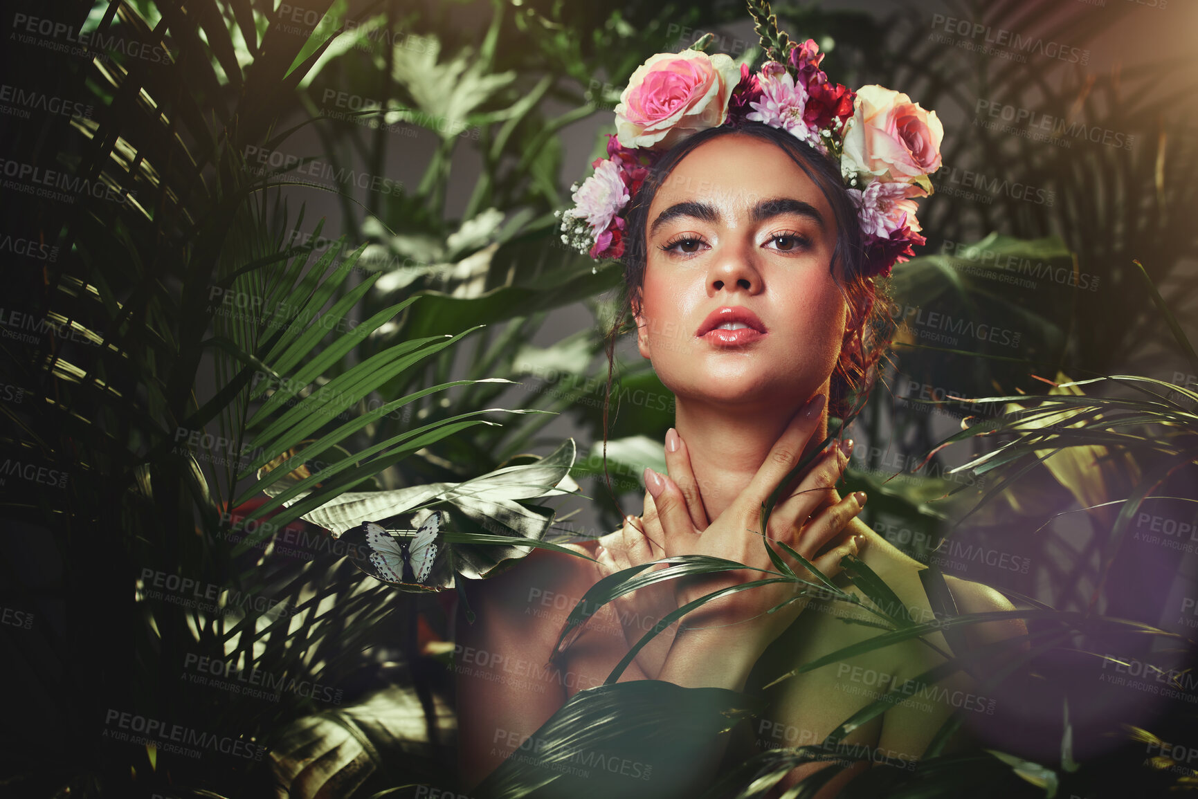 Buy stock photo Beauty, rose and crown portrait of woman with tropical palm plants and natural makeup cosmetics. Flowers, headband and beautiful cosmetic model girl in fantasy floral garden touching skin.

