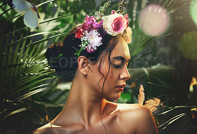 Buy stock photo Beauty, butterfly and woman with flowers crown for sensitive glowing skin, natural cosmetics or luxury face makeup. Dust particles, peace and calm aesthetic model with nature leaf, plant and skincare