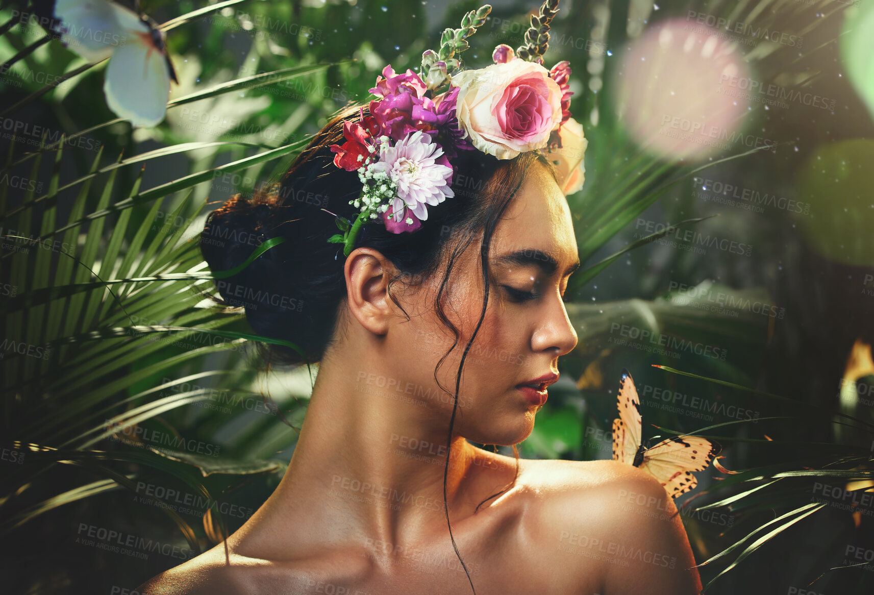 Buy stock photo Beauty, butterfly and woman with flowers crown for sensitive glowing skin, natural cosmetics or luxury face makeup. Dust particles, peace and calm aesthetic model with nature leaf, plant and skincare