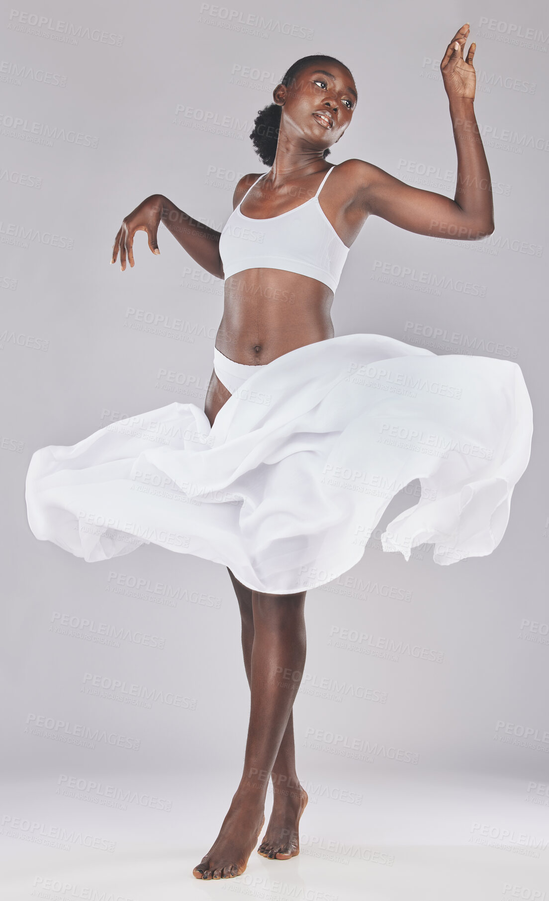 Buy stock photo Woman, dance and art of a black woman looking elegant dancing with body health, wellness and beauty. Creative, dancer and healthy person from Africa with a fabric piece doing ballet or contemporary 