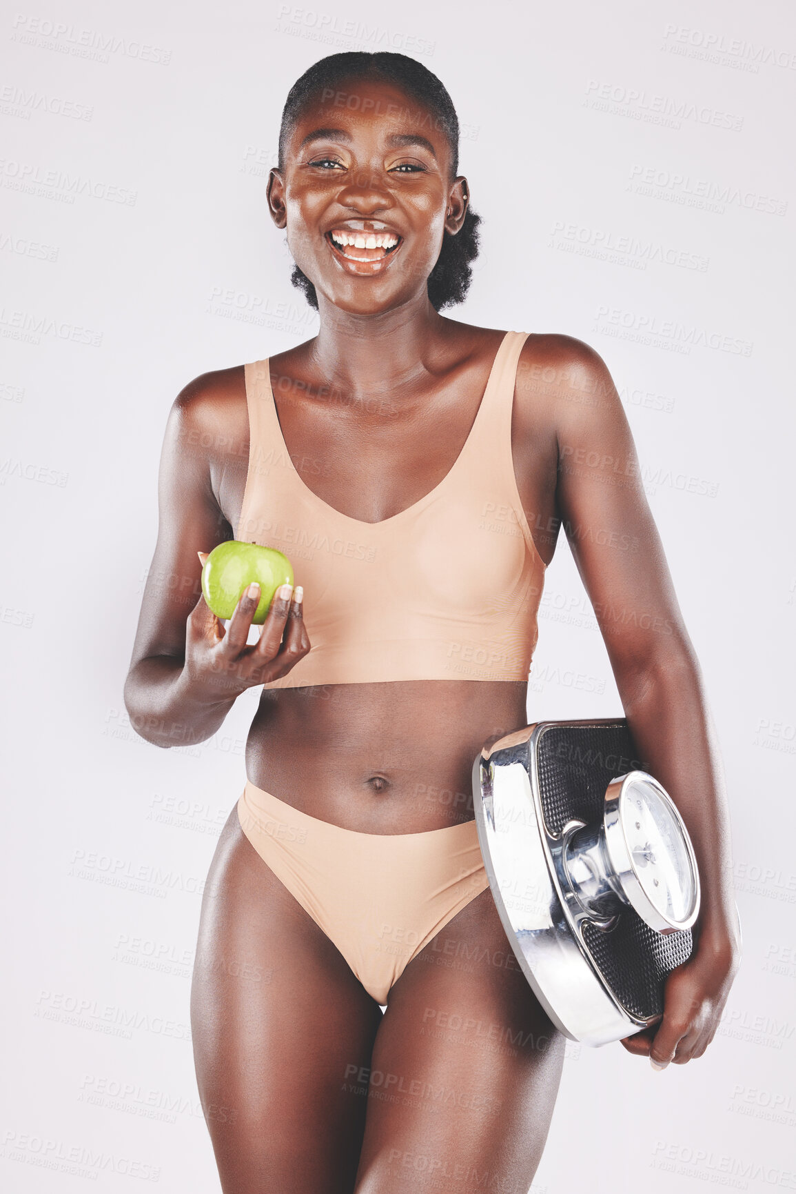 Buy stock photo Black woman, body and weight health scale portrait for beauty, skincare and healthy lifestyle wellness. African girl, happy and fitness motivation training for body care in white background studio