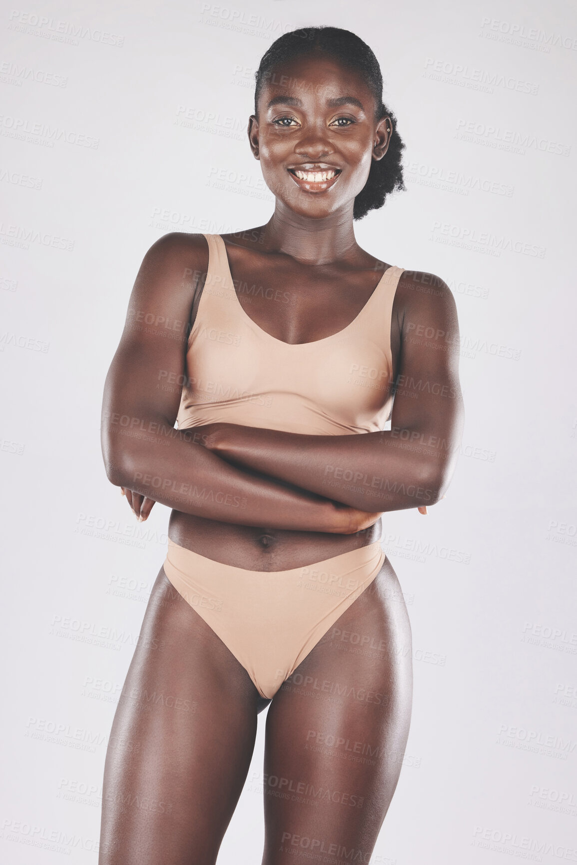 Buy stock photo Black woman, underwear model and body in fashion studio, beauty or body care by white background. Happy african woman, lingerie or bikini body, cosmetics or skin wellness with smile, proud and health