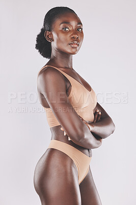 black woman, underwear and fitness on a studio background with a