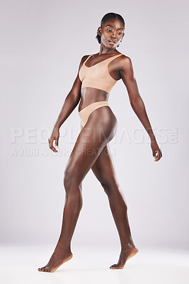 Buy stock photo Fitness, model and black woman in studio for wellness, diet and exercise, body and skincare on white background mock up. Beauty, woman and girl in lingerie pose, healthy and full length figure mockup