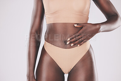 Stockfoto Black woman, underwear model and body in fashion studio, beauty  or body care by white background. Happy african woman, lingerie or bikini  body, cosmetics or skin wellness with smile, proud and