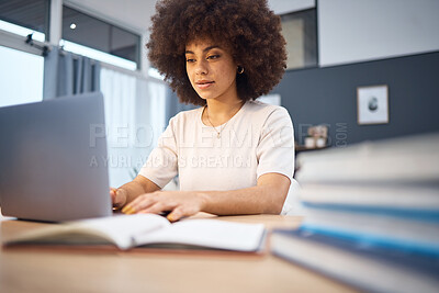 Buy stock photo Laptop, black woman and notebook in office with business woman research creative idea at a desk, inspired and motivated. Corporate, innovation and girl with a vision typing, planning and reading 