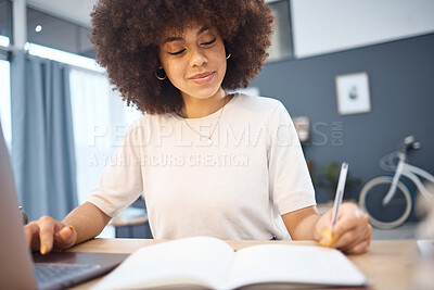 Buy stock photo Student research, writing notes and black woman remote eduction on a home computer. Working, planning and reading digital learning busy with tech data test elearning and web university information