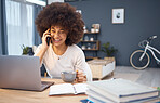 Computer, working black woman and happy phone call or a remote employee with morning coffee. Smile, happiness and mobile conversation of a digital employee laughing using technology at home desk
