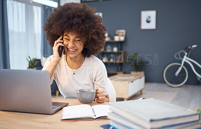 Buy stock photo Computer, working black woman and happy phone call or a remote employee with morning coffee. Smile, happiness and mobile conversation of a digital email laughing using technology at home desk