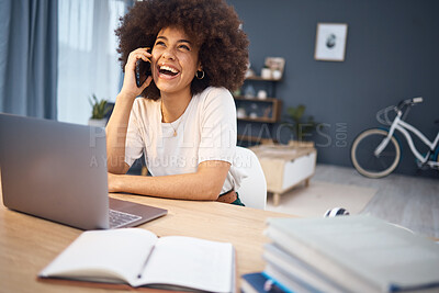 Buy stock photo Laughing black woman, phone call or laptop in home office networking collaboration, customer rapport or b2b sales deal. Smile, happy or afro creative designer with marketing technology in remote work