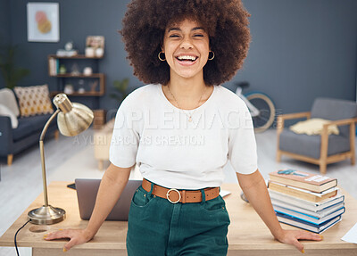 Buy stock photo Black woman, afro or business motivation in home office and digital marketing laptop, research books or strategy learning information. Portrait, smile or happy remote work creative designer and goals