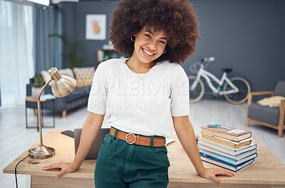 Buy stock photo Portrait, black woman and happy in her home office, relax and smile and living room workspace. Woman, freelance and entrepreneur excited about remote work, proud and vision for startup business