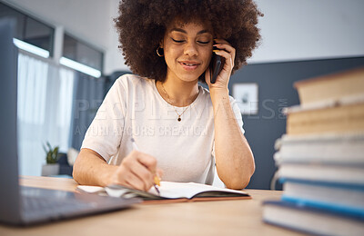 Buy stock photo Phone call, writing and notebook with black woman in home office for planning, schedule and agenda. Networking, communication and management with girl and laptop for technology, help or contact