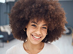 Happy black woman afro and portrait smile with teeth in satisfaction for great hair day at the salon. African American female smiling in happiness for hairstyle, beauty and cosmetic treatment indoors