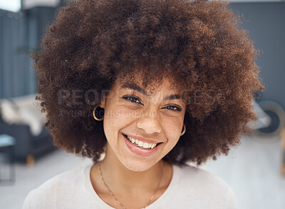 Buy stock photo Happy black woman afro and portrait smile with teeth in satisfaction for great hair day at the salon. African American female smiling in happiness for hairstyle, beauty and cosmetic treatment indoors