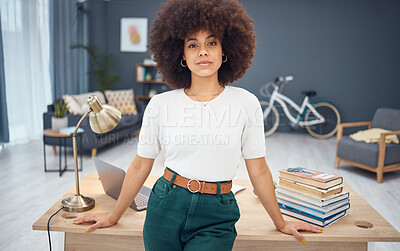 Buy stock photo Black woman, afro and business vision in home office for digital marketing startup, advertising small business or creative company. Portrait, remote work and designer with technology, books and goals