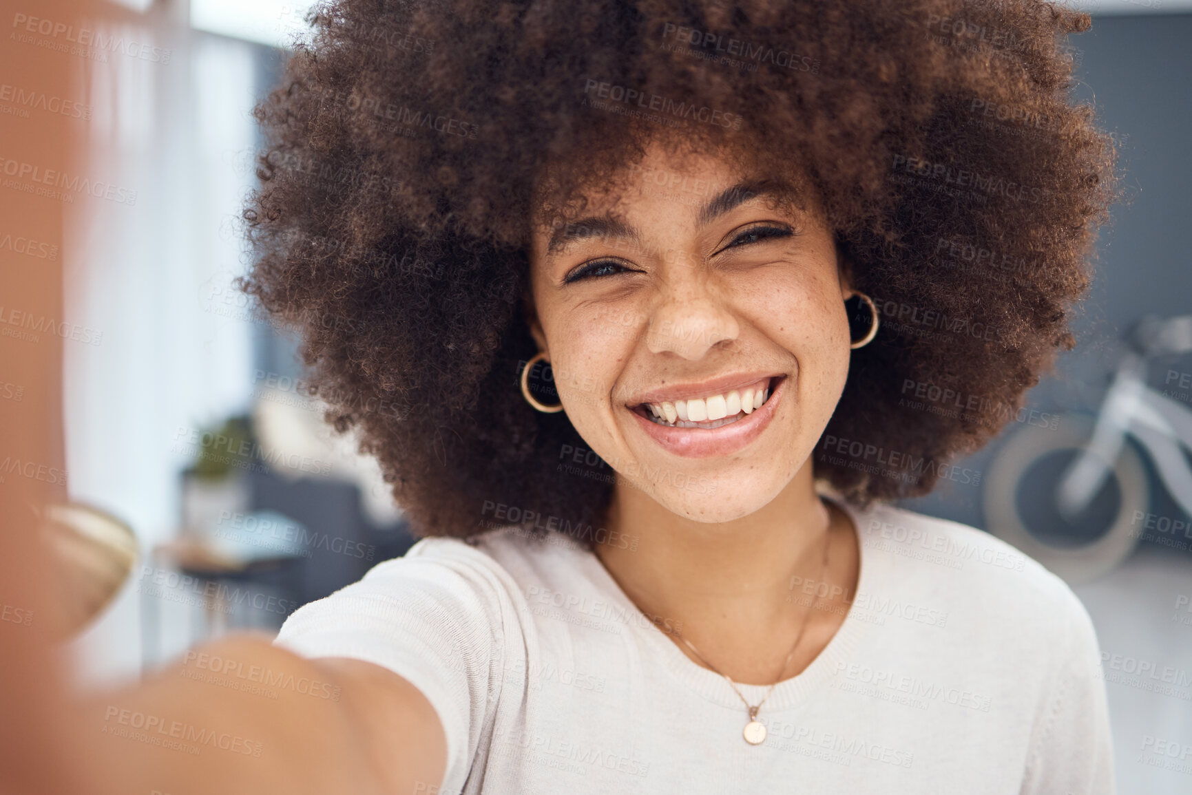Buy stock photo Portrait, home and selfie of afro woman with picture for social media, holiday and weekend. Beauty, smile and face of young female in an apartment chilling, relaxing and happy in home or house