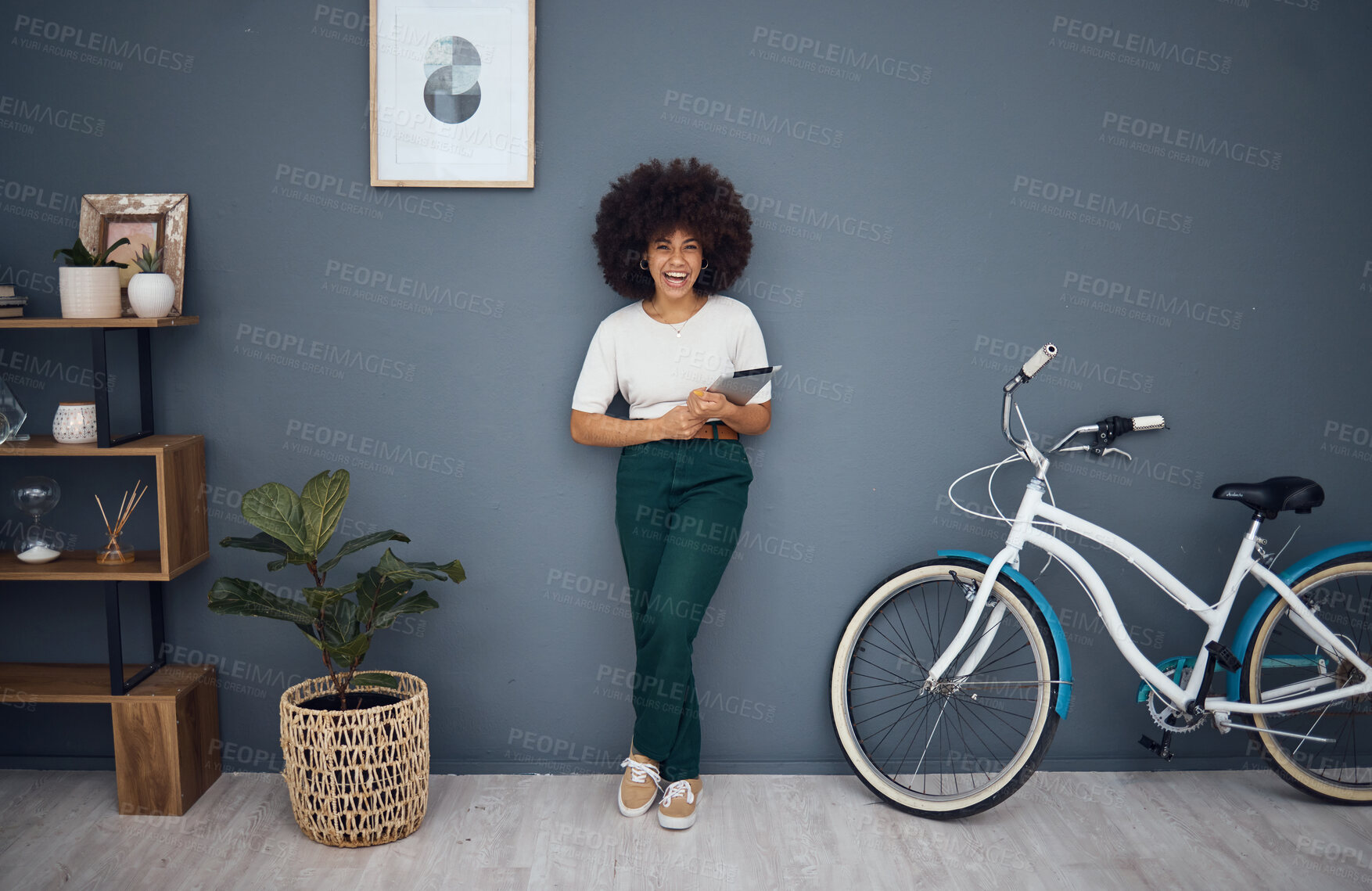 Buy stock photo Tablet, bicycle and portrait of black woman in home web or internet browsing. Smile, relax and happy female from South Africa on digital touchscreen tech, mobile app or networking on social media.