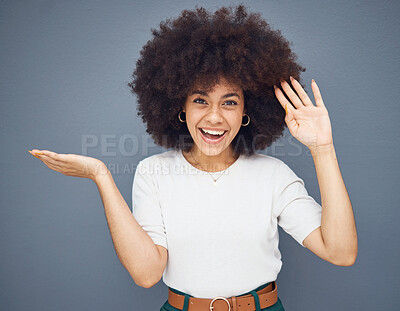 Buy stock photo Portrait of happy black woman with mockup, studio background and advertising space for product placement. Afro, small business marketing with smile and model with hands out for text, brand or logo.