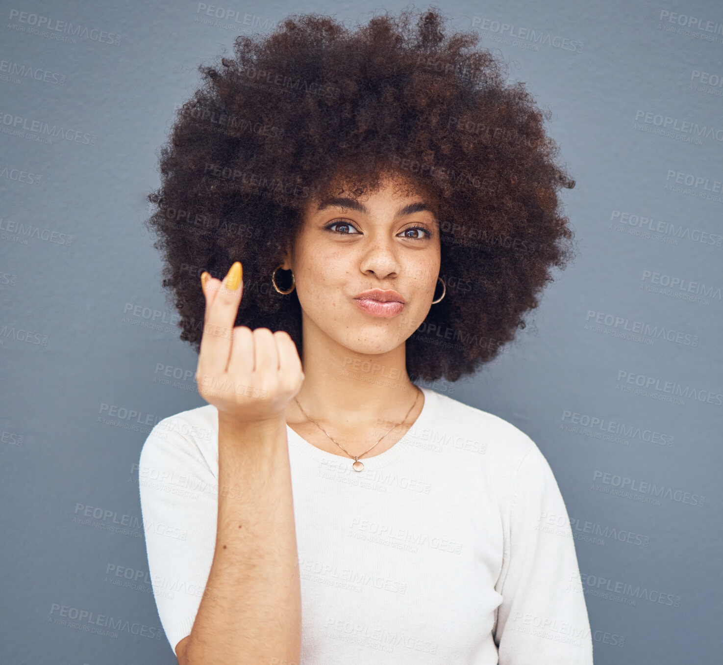 Buy stock photo Happy, mini heart and portrait of black woman for love, smile and affectionate sign. Valentines day, feeling or kpop crossing finger gesture with girl model for cute, sweet or romantic emotion symbol