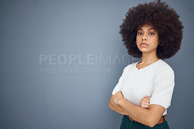 Buy stock photo black woman, mockup and business for advertising, marketing and creative design space. African american girl, corporate worker and small business ceo or startup entrepreneur in grey backgriund studio