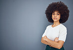 Portrait of serious black woman with mockup, studio background and advertising space or product placement. Strong, confident and proud afro woman, small business or startup marketing company owner.
