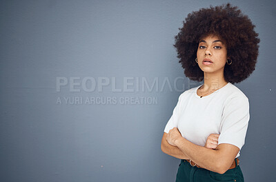 Buy stock photo Black woman, business leader and arms crossed by advertising, marketing and mockup space for power and leadership. Portrait of African, model with natural afro, hair for product placement mock up