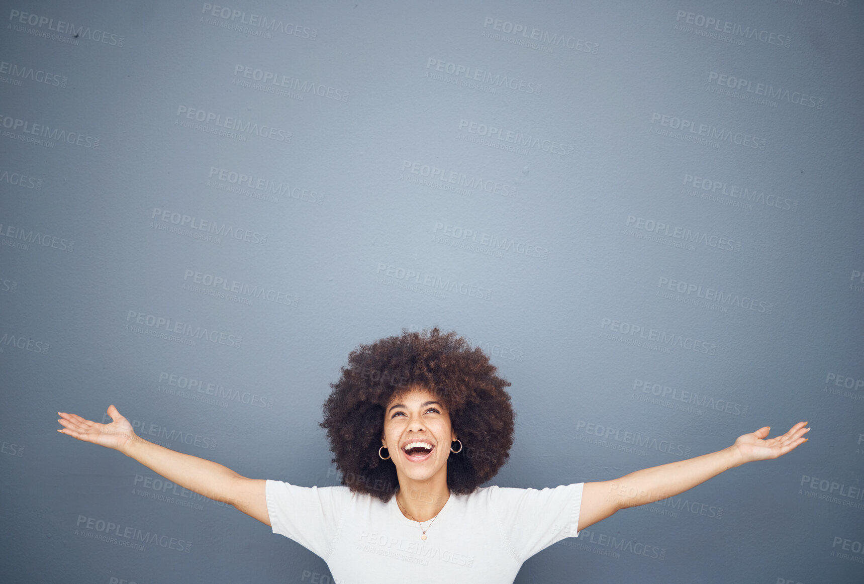 Buy stock photo Happy black woman with arms open on studio background mockup and advertising or product placement. Smile on face, welcome and fun, afro woman exited for announcement or small business discount sale.