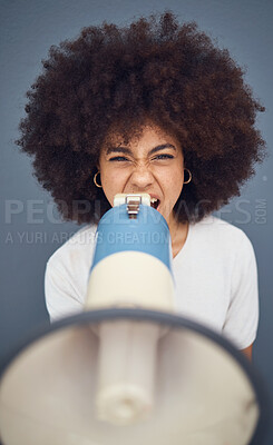 Buy stock photo Woman, megaphone and shout for protest, opinion and voice for social justice against a studio background. Speaker, latino woman and portrait girl speaking protest, strike and marketing a announcement