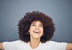 Happy, hope and worship of black woman prayer for wellness, gratitude and faith with joyful smile. Happiness, peace and spiritual lifestyle of religious girl praying with gray studio mockup.

