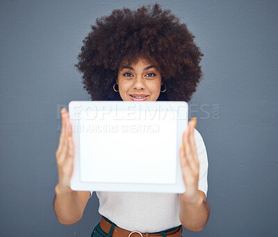 Buy stock photo Tablet, mockup and display with a black woman in studio on a gray background for advertising or marketing. Space, product placement and technology with a female showing a blank screen for copyspace