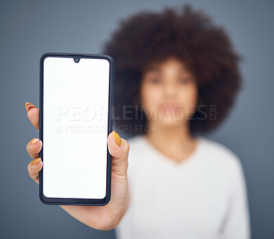 Buy stock photo Digital, mockup and phone with hands of black woman for technology, website and internet. Social media, ecommerce and app with empty screen of mobile and customer for advertising, design or marketing