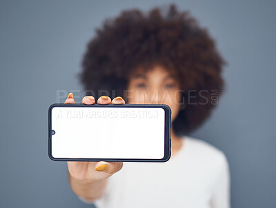 Buy stock photo Phone mockup, screen or woman hand for networking, digital marketing communication or advertising space. Digital mobile, zoom or smartphone for contact us, media app or technology logo website brand
