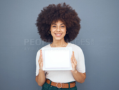 Buy stock photo Marketing, advertising and woman with paper for business, sales and corporate news against a grey mockup studio background. Announcement, space and girl with a poster for service with mockup