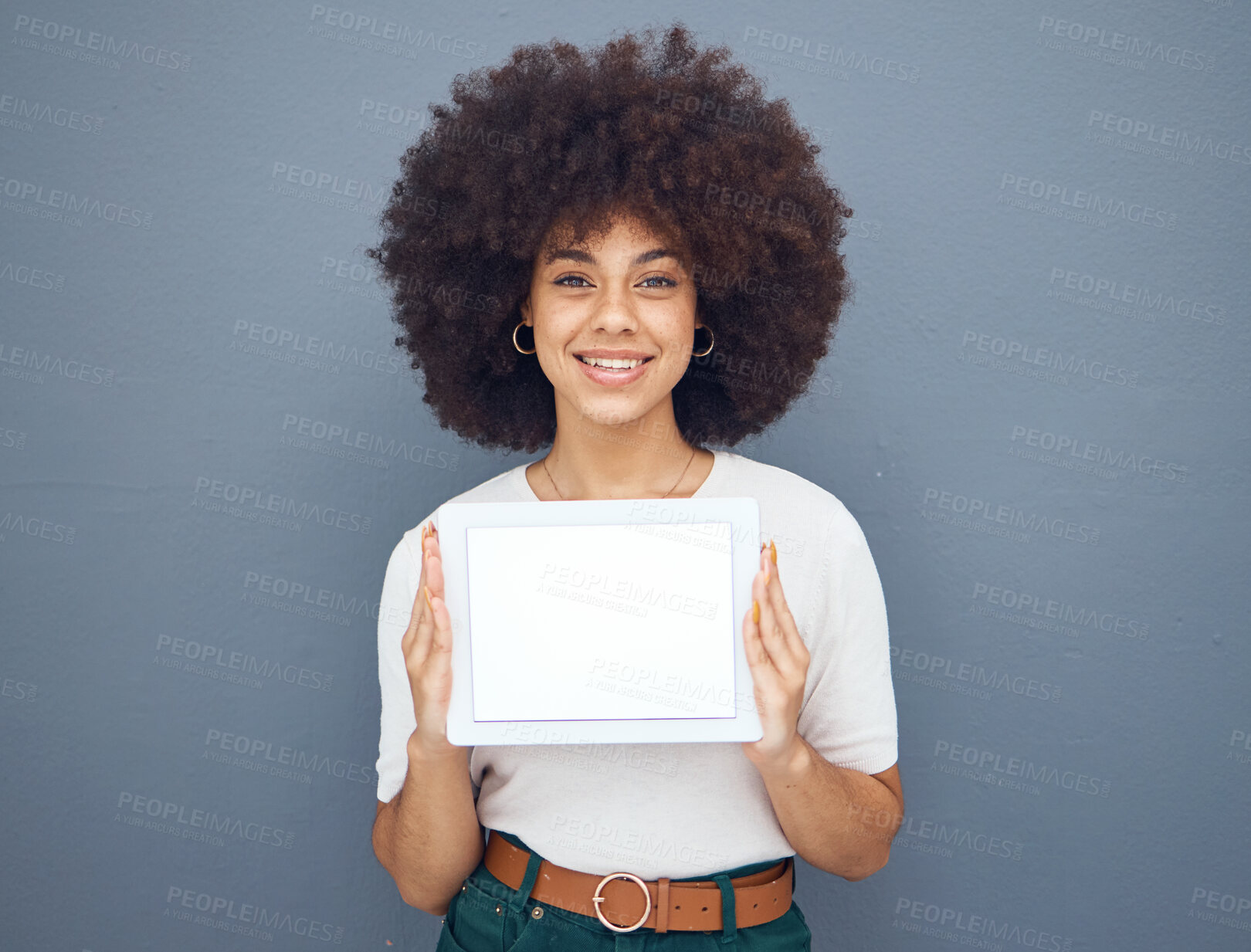 Buy stock photo Marketing, advertising and woman with paper for business, sales and corporate news against a grey mockup studio background. Announcement, space and girl with a poster for service with mockup