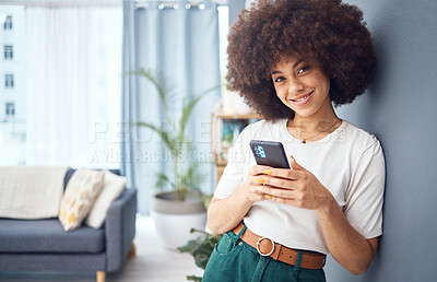 Buy stock photo Portrait, woman and phone for social media, afro and happy with online app, web and text contact in home. Beauty, afro and fashion female with 5g mobile smartphone with internet content in the lounge