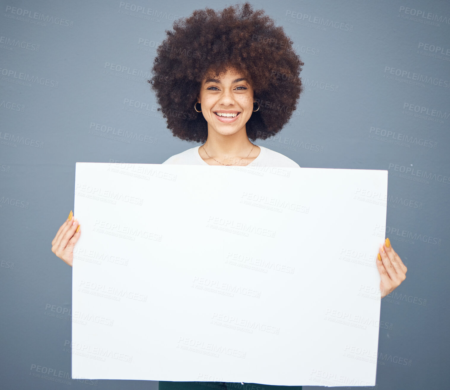 Buy stock photo Woman, board and blank placard ready for marketing or advertising message on a grey studio background. Black female, poster and empty placard for advertisment, mockup or copyspcace sign