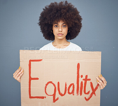 Buy stock photo Equality, poster and black woman holding protest poster for gender equality and human rights. Empowerment, law and government change with female activist fighting for female rights with a sign