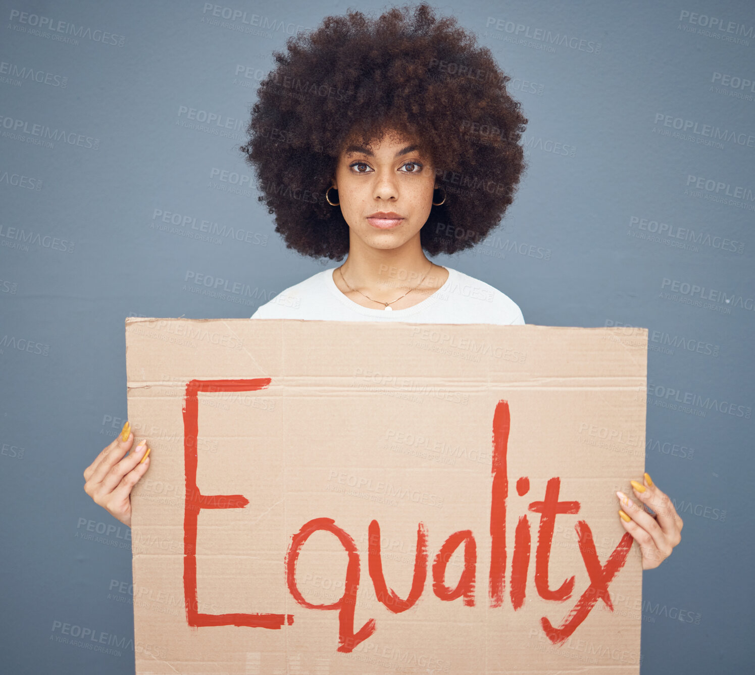 Buy stock photo Equality, poster and black woman holding protest poster for gender equality and human rights. Empowerment, law and government change with female activist fighting for female rights with a sign