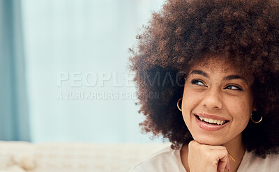 Buy stock photo Happy black woman, daydream thinking and closeup with vision, future and idea for life, dream or career in mockup. African woman, imagine and afro in living room with happiness, inspiration and goal