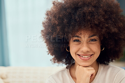 Buy stock photo Happy, smile and woman with afro in the living room to relax, zen and peace with mockup on the sofa. Happiness, calm and young African girl with empowerment, confidence and mock up space in a house